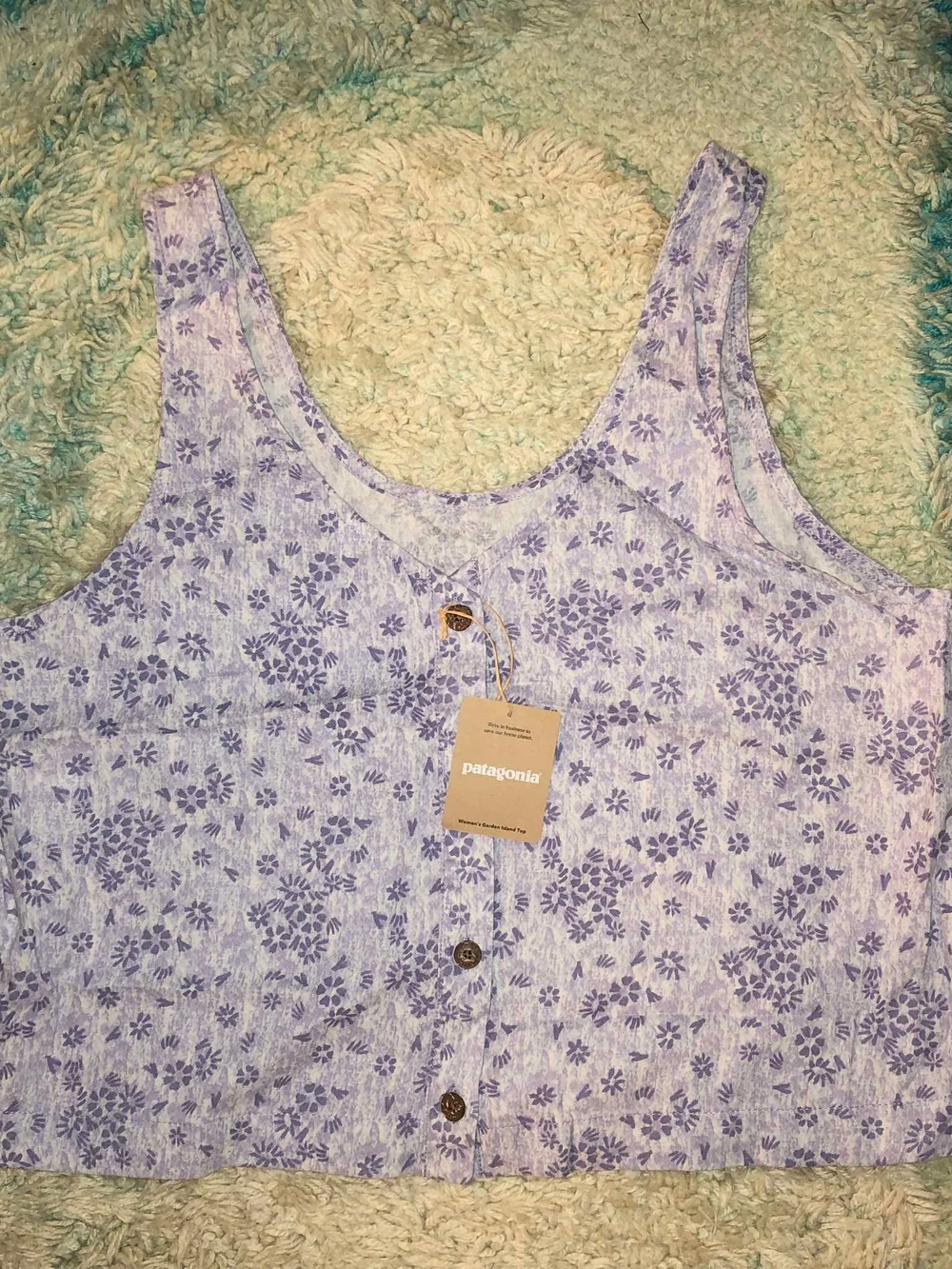 Patagonia Women's Garden Island Top in a wildflower solstice purple floral print